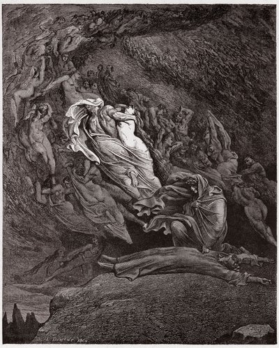 Boska Komedia (La Divina Commedia, La Divine Comedie), Inferno, Canto 5: Francesca opisuje swoją śmierć - Dante Alighieri (1265-1321) - Ilustracja Gustave Dore (1832-1883) autorstwa Gustave Dore