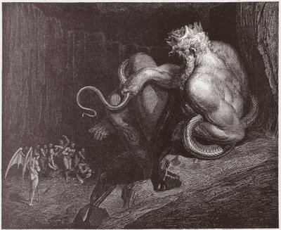 Boska Komedia (La Divina Commedia, La Divine Comedie), Inferno, Canto 5: Minos osądza występki i usuwa dusze - Dante Alighieri (1265-1321) - Ilustracja Gustave Dore (1832-1883) autorstwa Gustave Dore