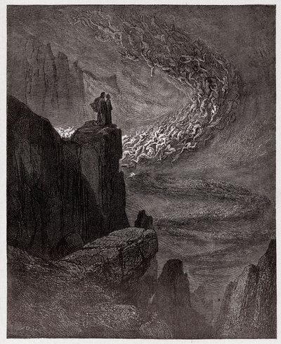 Boska Komedia (La Divina Commedia, La Divine Comedie), Inferno, Canto 5: Minos osądza występki i usuwa dusze - Dante Alighieri (1265-1321) - Ilustracja Gustave Dore (1832-1883) autorstwa Gustave Dore