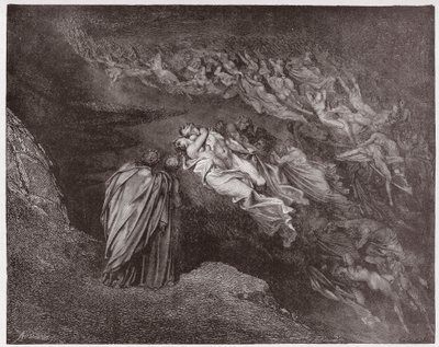 Boska Komedia (La Divina Commedia, La Divine Comedie), Inferno, Canto 5: Dusza Franceski przemawia do Dantego - Dante Alighieri (1265-1321) - Ilustracja Gustave Dore (1832-1883) autorstwa Gustave Dore