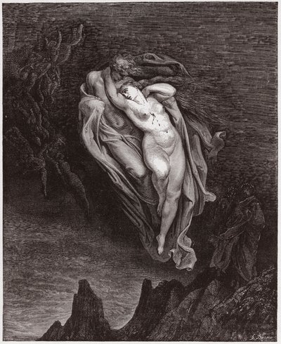Boska Komedia (La Divina Commedia, La Divine Comedie), Inferno, Canto 5: Dusze Paola i Franceski - Dante Alighieri (1265-1321) - Ilustracja Gustave Dore (1832-1883) autorstwa Gustave Dore