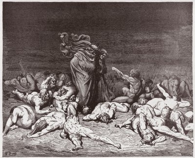 Boska Komedia (La Divina Commedia, La Divine Comedie), Inferno, Canto 6: Obżeracze nękani wiecznym deszczem - Dante Alighieri (1265-1321) - Ilustracja Gustave Dore (1832-1883) autorstwa Gustave Dore