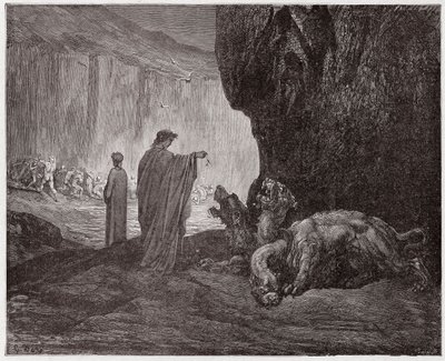 Boska Komedia (La Divina Commedia, La Divine Comedie), Inferno, Canto 6: Wergiliusz karmi Cerbera w trzecim kręgu - Dante Alighieri (1265-1321) - Ilustracja Gustave Dore (1832-1883) autorstwa Gustave Dore