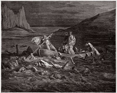 Boska Komedia (La Divina Commedia, La Divine Comedie), Inferno, Canto 8: Phlegyas promuje Dantego i Wergiliusza przez Styks - autorstwa Dante Alighieri (1265-1321) - Ilustracja Gustave Dore (1832-1883) autorstwa Gustave Dore