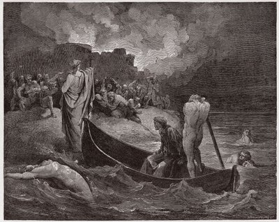 Boska Komedia (La Divina Commedia, La Divine Comedie), Inferno, Canto 8: Wergiliusz i Dante wysiadają z cytadeli Dis - autorstwa Dante Alighieri (1265-1321) - Ilustracja Gustave Dore (1832-1883) autorstwa Gustave Dore
