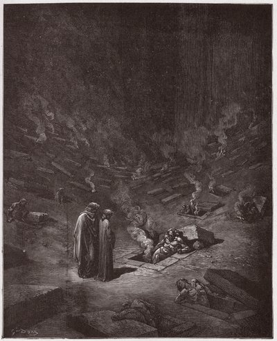Boska Komedia (La Divina Commedia, La Divine Comedie), Inferno, Canto 9: Płonące grobowce herezjarchów - Dante Alighieri (1265-1321) - Ilustracja Gustave Dore (1832-1883) autorstwa Gustave Dore