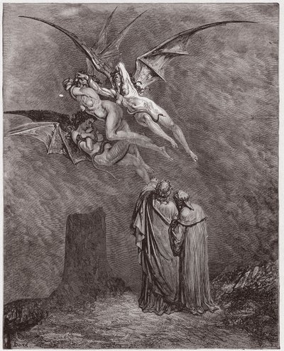 Boska Komedia (La Divina Commedia, La Divine Comedie), Inferno, Canto 9: Ohydne Erinyes: Megaera, Tisphone, Alecto - autorstwa Dante Alighieri (1265-1321) - Ilustracja Gustave Dore (1832-1883) autorstwa Gustave Dore