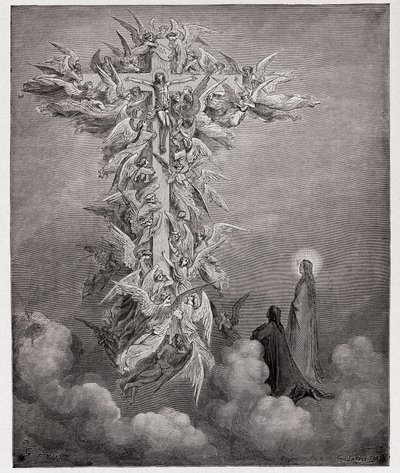 Boska Komedia (La Divina Commedia, La Divine Comedie), Paradiso, Canto 14: Dante i Beatrice widzą anioły z Chrystusem na krzyżu - autorstwa Dante Alighieri (1265-1321) - Ilustracja Gustave Dore (1832-1883) autorstwa Gustave Dore