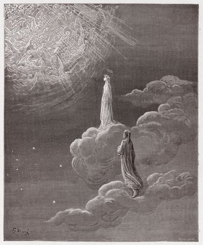 Boska Komedia (La Divina Commedia, La Divine Comedie), Paradiso, Canto 14: Dante and Beatrice przetłumaczone na sferę Marsa - Dante Alighieri (1265-1321) - Ilustracja Gustave Dore (1832-1883) autorstwa Gustave Dore