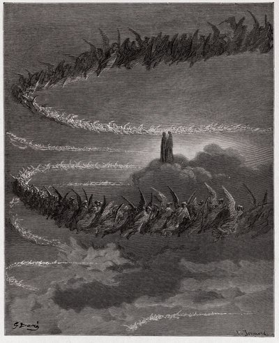 Boska Komedia (La Divina Commedia, La Divine Comedie), Paradiso, Canto 18: W sferze Jowisza błogosławione dusze krążą, tworząc litery - Dante Alighieri (1265-1321) - Ilustracja Gustave Dore (1832-1883) autorstwa Gustave Dore