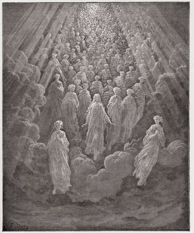 Boska Komedia (La Divina Commedia, La Divine Comedie), Paradiso, Canto 5: Zastęp niezliczonych świecących dusz w drugiej sferze – Dante Alighieri (1265-1321) – Ilustracja Gustave Dore (1832-1883) autorstwa Gustave Dore