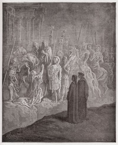 Boska Komedia (La Divina Commedia, La Divine Comedie), Purgatorio, Canto 10: Marmurowe rzeźby przedstawiające dumę - autorstwa Dante Alighieri (1265-1321) - Ilustracja Gustave Dore (1832-1883) autorstwa Gustave Dore