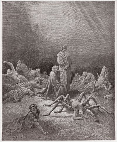 Boska Komedia (La Divina Commedia, La Divine Comedie), Purgatorio, Canto 12: Dante widzi duszę Arachne - autorstwa Dante Alighieri (1265-1321) - Ilustracja Gustave Dore (1832-1883) autorstwa Gustave Dore