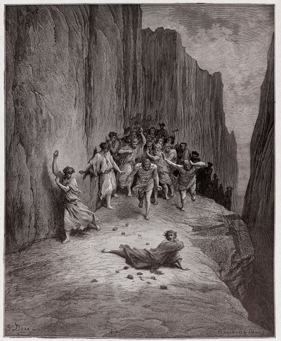 Boska Komedia (La Divina Commedia, La Divine Comedie), Purgatorio, Canto 15: Wizja Dantego ukamienowania Szczepana - autorstwa Dante Alighieri (1265-1321) - Ilustracja Gustave Dore (1832-1883) autorstwa Gustave Dore