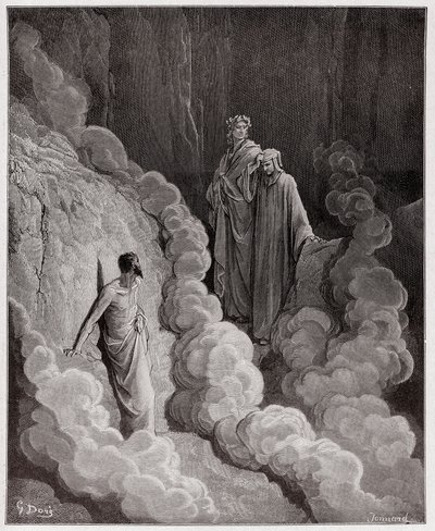 Boska Komedia (La Divina Commedia, La Divine Comedie), Purgatorio, Canto 16: Dante przemawia do duszy Marco Lombardo - autorstwa Dante Alighieri (1265-1321) - Ilustracja Gustave Dore (1832-1883) autorstwa Gustave Dore