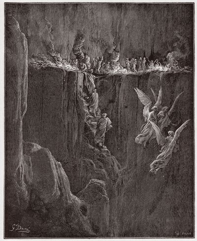 Boska Komedia (La Divina Commedia, La Divine Comedie), Purgatorio, Canto 25: Wergiliusz i Dante wspinają się do siódmego kręgu poprzez płomienie – Dante Alighieri (1265-1321) – Ilustracja Gustave Dore (1832-1883) autorstwa Gustave Dore