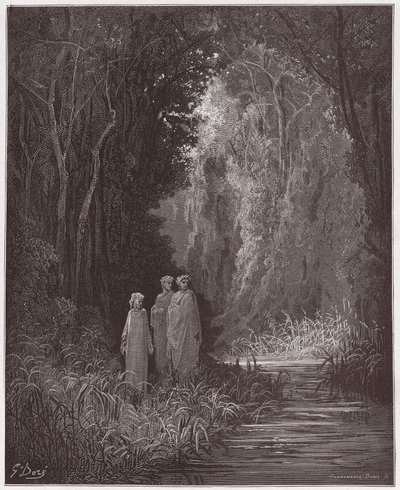 Boska Komedia (La Divina Commedia, La Divine Comedie), Purgatorio, Canto 28: Dante, Virgil i Statius w starożytnym lesie ziemskiego raju - autorstwa Dante Alighieri (1265-1321) - Ilustracja Gustave Dore (1832-1883) ) autorstwa Gustave Dore