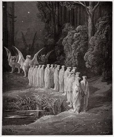 Boska Komedia (La Divina Commedia, La Divine Comedie), Purgatorio, Canto 29: 24 starszych w apokaliptycznej procesji - Dante Alighieri (1265-1321) - Ilustracja Gustave Dore (1832-1883) autorstwa Gustave Dore