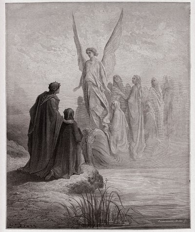 Boska Komedia (La Divina Commedia, La Divine Comedie), Purgatorio, Canto 2: Niebiański pilot ląduje na łodzi - Dante Alighieri (1265-1321) - Ilustracja Gustave Dore (1832-1883) autorstwa Gustave Dore