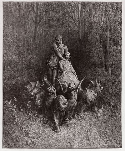 Boska Komedia (La Divina Commedia, La Divine Comedie), Purgatorio, Canto 32: Olbrzym i nierządnica w rydwanie - Dante Alighieri (1265-1321) - Ilustracja Gustave Dore (1832-1883) autorstwa Gustave Dore
