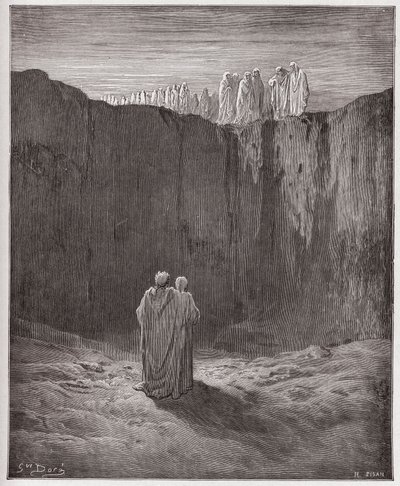 Boska Komedia (La Divina Commedia, La Divine Comedie), Purgatorio, Canto 3: Towarzystwo dusz na klifie - Dante Alighieri (1265-1321) - Ilustracja Gustave Dore (1832-1883) autorstwa Gustave Dore