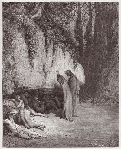 Boska Komedia (La Divina Commedia, La Divine Comedie), Purgatorio, Canto 4: Opieszałe dusze przy skale - Dante Alighieri (1265-1321) - Ilustracja Gustave Dore (1832-1883) autorstwa Gustave Dore
