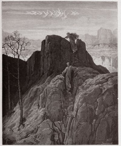 Boska Komedia (La Divina Commedia, La Divine Comedie), Purgatorio, Canto 4: Wergiliusz prowadzi Dantego po nierównym zboczu góry - autorstwa Dante Alighieri (1265-1321) - Ilustracja Gustave Dore (1832-1883) autorstwa Gustave Dore