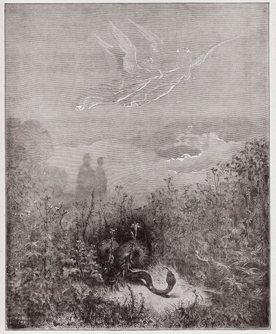 Boska Komedia (La Divina Commedia, La Divine Comedie), Purgatorio, Canto 8: Aniołowie odpędzają węża - Dante Alighieri (1265-1321) - Ilustracja Gustave Dore (1832-1883) autorstwa Gustave Dore