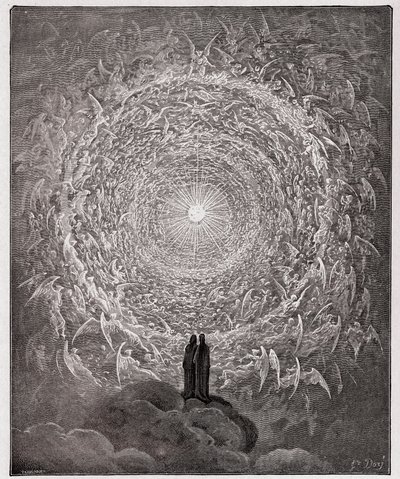 Boska Komedia, Paradiso, Canto 31: Święty tłum tworzy różę w Empireum (Rose Celeste) - Dante Alighieri (1265-1321) autorstwa Gustave Dore