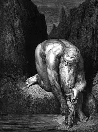 Boska komedia autorstwa Dantego: Olbrzymi Antaeus. autorstwa Gustave Dore