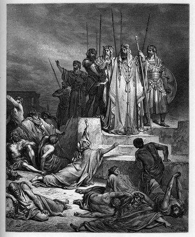 Głód w Samarii - Stary Testament: Oblężenie Samarii. Król Syrii oblega miasto Samarię i zredukował je do straszliwego głodu - - grawerowanie w „The Bible illustree” Gustave