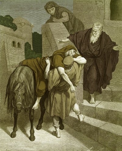 Dobry Samarytanin w gospodzie — Doré. - Biblia autorstwa Gustave Dore