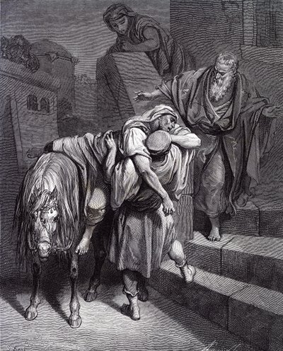 Dobry Samarytanin w gospodzie — Doré. - Biblia autorstwa Gustave Dore