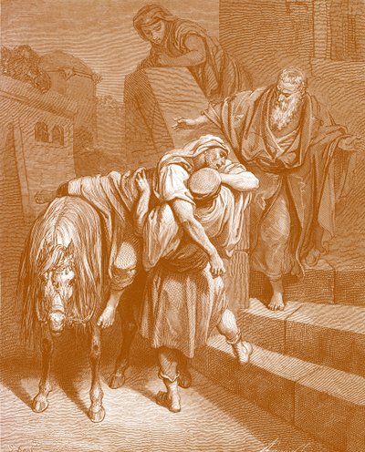 Dobry Samarytanin w gospodzie — Doré. - Biblia autorstwa Gustave Dore