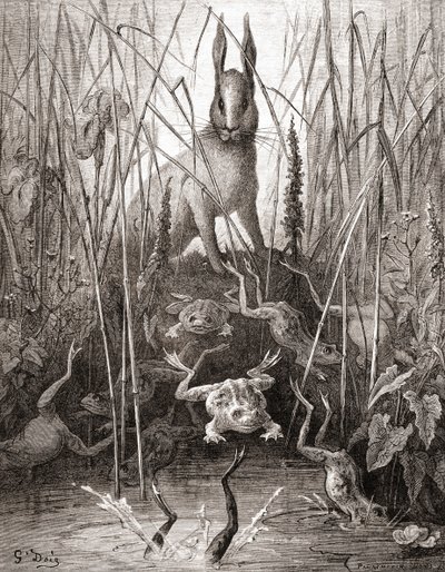 Zając i żaby z XIX-wiecznego wydania Fables de La Fontaine (drewno) autorstwa Gustave Dore