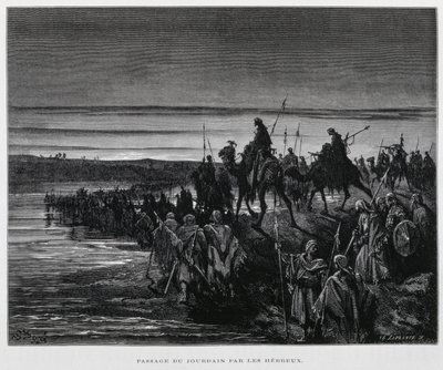 Plemiona hebrajskie wkraczają do Kanaanu przez rzekę Jordan, ilustracja z Biblii Dore