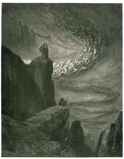 Piekło Dantego Alighieri (Boska Komedia) z ilustracjami Gustave’a Dore’a. Wydanie francuskie z 1861 r. „Piekielna burza, która nigdy nie pozostaje/Opuszcza duchy swoim rabunkiem. (Piekielny huragan, który nigdy się nie kończy, wciąga duchy w swój wicher)”, autorstwa Gustave Dore