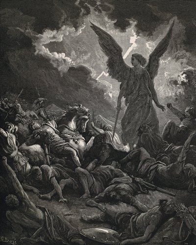 Święta Biblia. 1866. SENNACHERYB (705-681 pne). Król Asyrii (705-681 pne). Anioł Jahwe z armii Sennacheryba. Rytownictwo autorstwa Gustave Dore