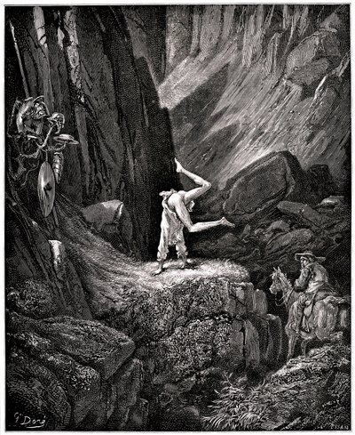 The Ingenious Hidalgo Don Quixote de la Mancha (Quixotte - Quijote) autorstwa Miguela de Cervantesa (1547-1616): rycerz każe smutnej postaci zrobić kabriolety "rozbierając do naga pewne rzeczy, które Sancho, aby ich nie widzieć, pospiesznie odwraca, zadowo autorstwa Gustave Dore
