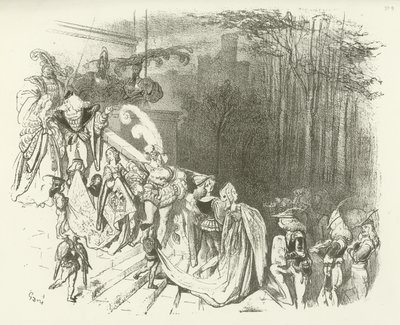 Władcy i damy zamku. Początek XVI wieku (grawiura) autorstwa Gustave Dore