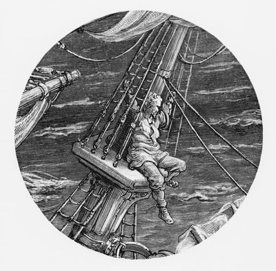 Marynarz w rufie statku, scena z „Szronu starożytnego marynarza” S.T. Coleridge, wyd. Harper und Brothers, Nowy Jork, 1876 (drewno) autorstwa Gustave Dore