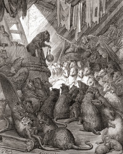 Myszy w Radzie, znane również pod tytułami „Dzwonek kota” i „Dzwon i kot”, pochodzą z wydania „Fables de La Fontaine” z końca XIX wieku (drewno) autorstwa Gustave Dore