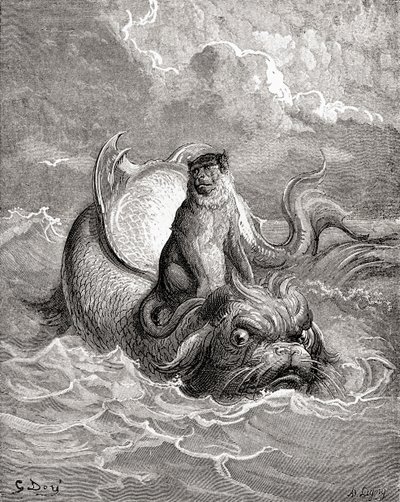 Małpa i delfin według pracy Gustave