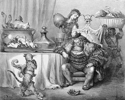 Ogr otrzymuje kota, ilustracja do „Kota w butach” Charlesa Perraulta (1628-1703) 1883 autorstwa Gustave Dore