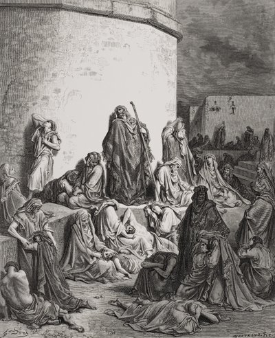 Ludzie opłakujący ruiny Jerozolimy, Lamentacje 1:1-2 ilustracja z „The Holy Bible” Dore