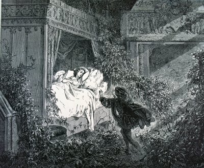 Książę wchodzący do sypialni księżnej w zaczarowanym zamku, ilustracja do „Śpiącej królewny” Charlesa Perraulta (1628-1703) autorstwa Gustave Dore