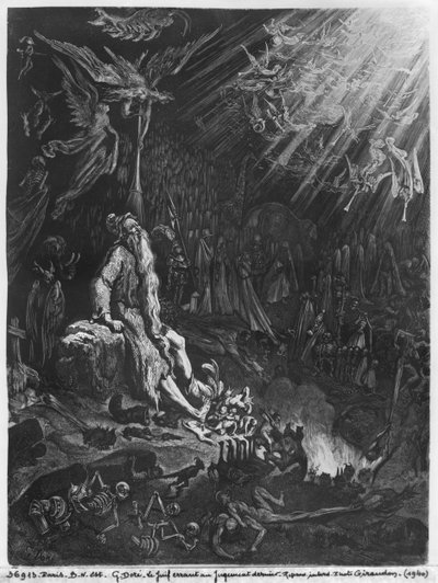 Żyd wędrujący i Sąd Ostateczny, rytowane przez Felixa Jeana Gaucharda (1825-72) autorstwa Gustave Dore