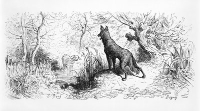 Wilk i jagnię, ilustracja z "Baśni" Jeana de La Fontaine