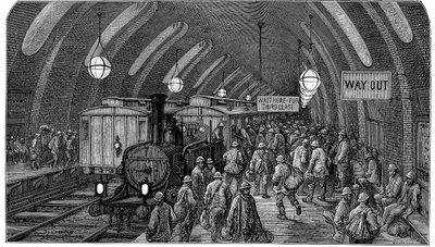 "Pociąg robotników". Z Gustave Dore i Blanchard Jerrold London: A Pilgrimage London 1872. Zdjęcie przedstawia pociągi parowe na stacji Gower Street na linii Metropolitan (metra), która została otwarta w 1863 roku. Pracownicy spieszą się, aby złapać poranny autorstwa Gustave Dore