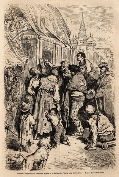 Przybycie pracowitości do hotelu w Santa Cruz de modela (prowincja Mancha), zaatakowanego przez żebraków wołających o jałmużnę. Rysunek Gustave Dore (1832-1883). Grawerowanie ilustrujące podróż w Hiszpanii, w 1862 r. autorstwa Charlesa Davilliera i Gustave autorstwa Gustave Dore